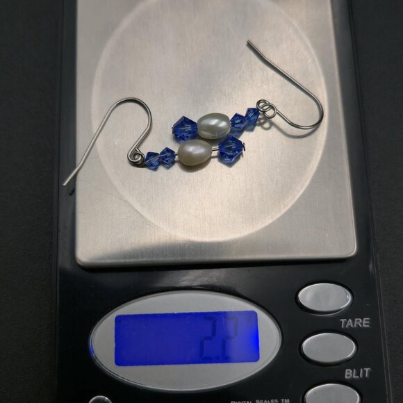 Silver Plated Genuine Pearl And Blue Crystal Earrings A7005 - Picture 5 of 5